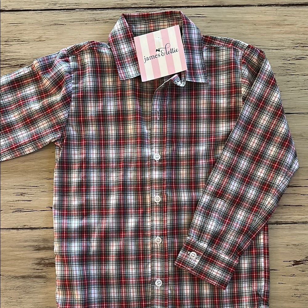 Red and White Button Down Shirt with Classic Plaid Pattern